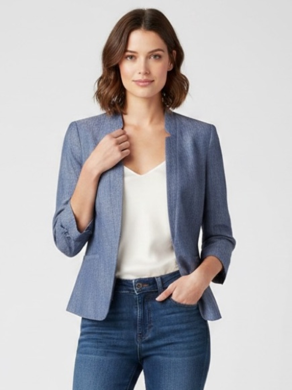 LOFT | Chambray logo sleeve rayon blend fitted structured blazer Women’s size 6